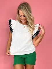 White and Black Scalloped Sleeved Top