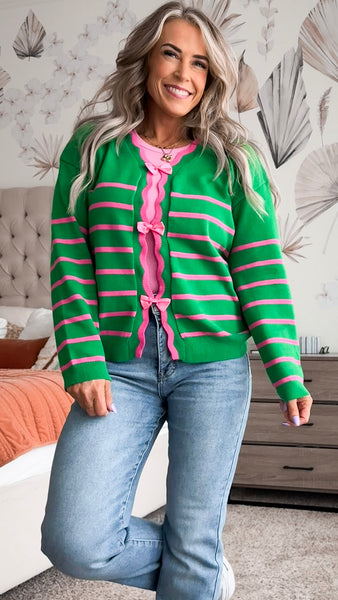 Green Pink Bow Cardigan