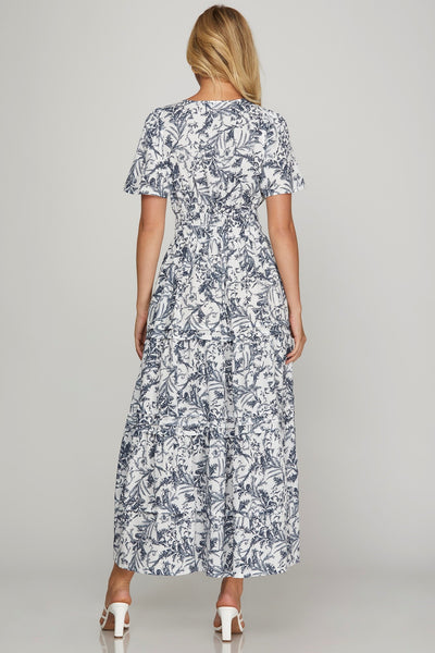 Blue Grey Floral Maxi Dress