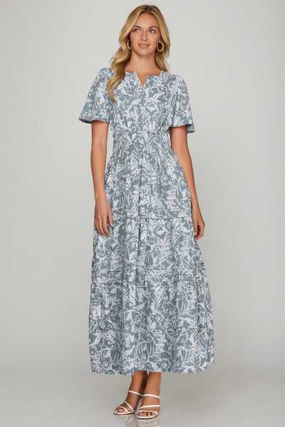 Blue Grey Floral Maxi Dress